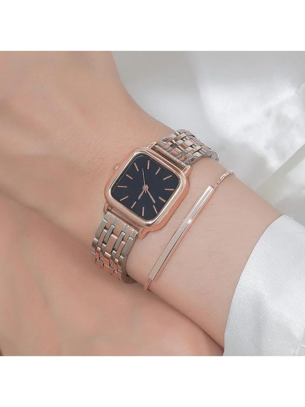 Women's Black Analog Quartz Rose Gold Stainless Steel Square Dial Bracelet Watch